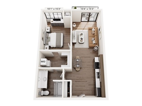 Floor plan for 1 bed, 1 bath, 649 sqft